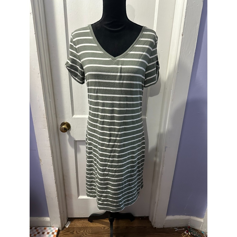 T by Talbots Green Striped Short Sleeve Dress in S